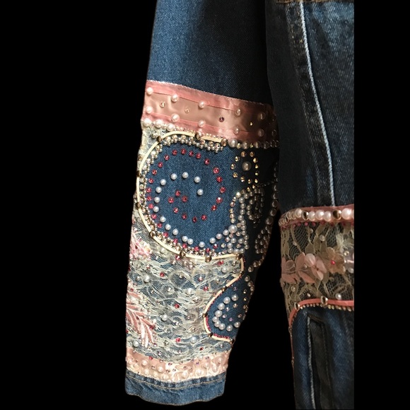 Pink Crystal Pearl Flower Embellished Distressed Jean Duster - Picture 9 of 14